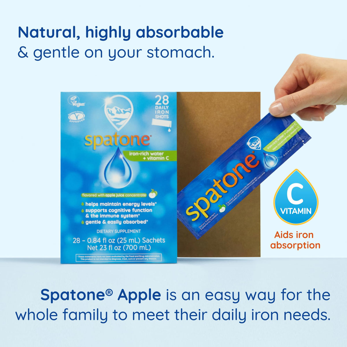 Spatone Natural Iron Supplement + Vitamin C (28 Sachets), Daily Convenient Liquid Iron Sachets, Nothing Artificial, Better Absorption than Tablets, Less Side Effects, Apple Flavour