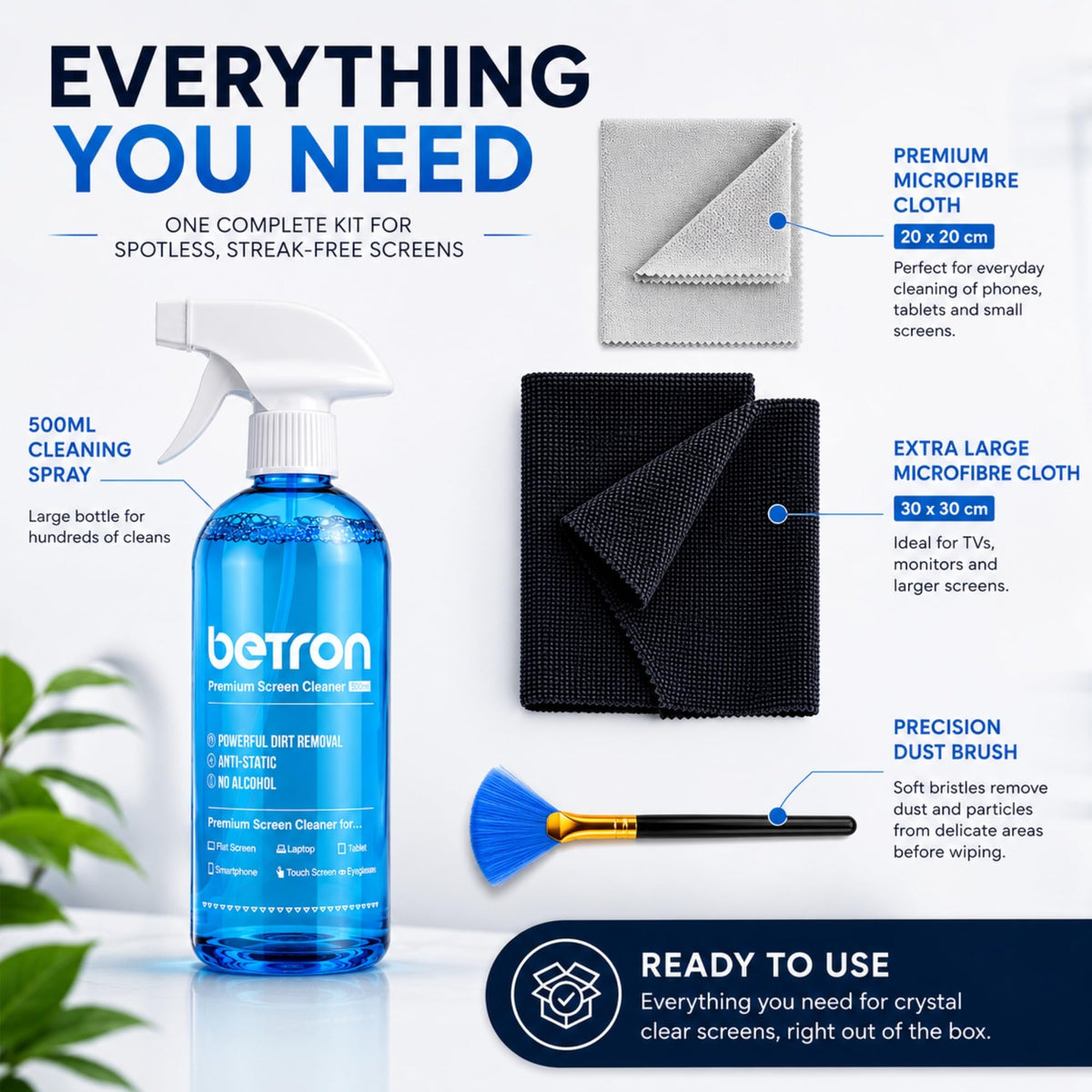 Betron Screen Cleaner Spray Kit with Cloth for TV, Laptop, Monitor, 200ml