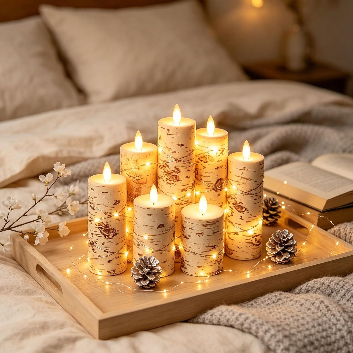 Da by 3 Pack Ivory Flameless LED Candles with Fairy Lights, Realistic Moving Flame Paraffin Wax Candles, Remote Control, Soft Warm Light, 8cm D x 12.5/14.5/16.5cm H, Indoor Wedding Home Decor