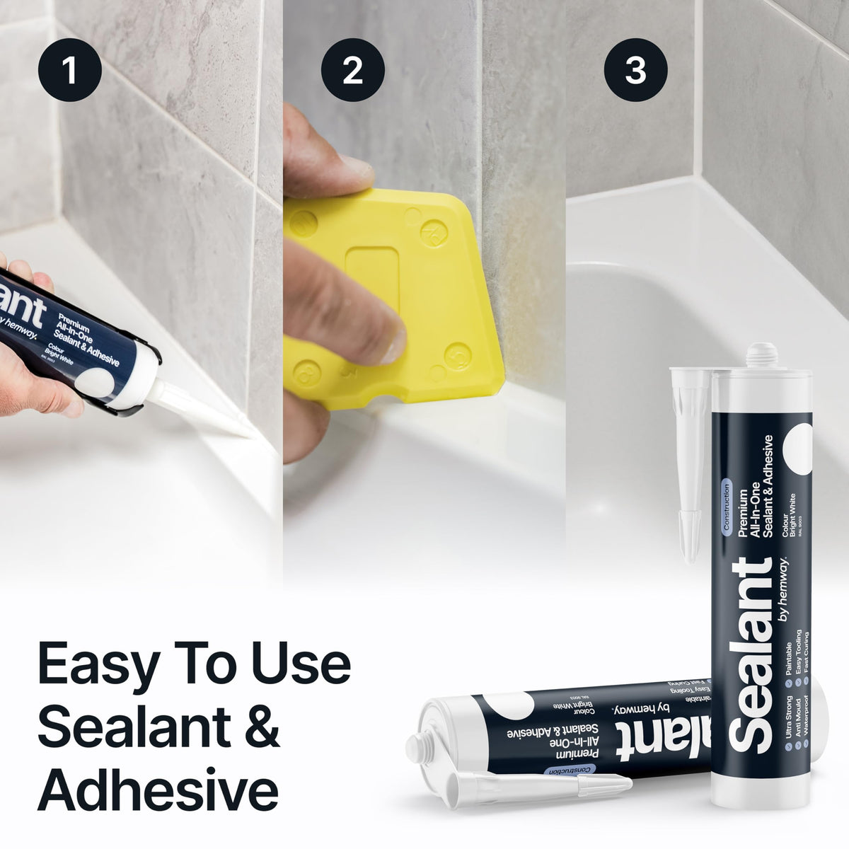 Hemway Kitchen & Bathroom Crystal Clear Sealant & Adhesive 300ml 3 Pack
