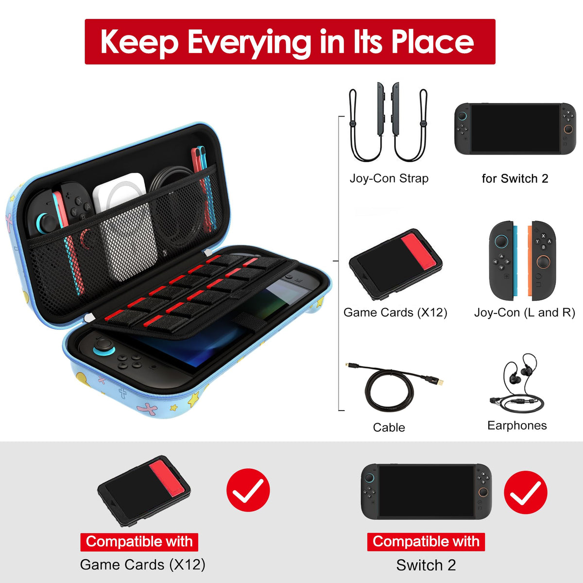 ivoler Carry Case for Nintendo Switch 2 (2025 Model) – Protective Portable Hard Shell Pouch Carrying Travel Game Bag for Nintendo Switch 2 Accessories Holds 12 Game Cartridge– Black