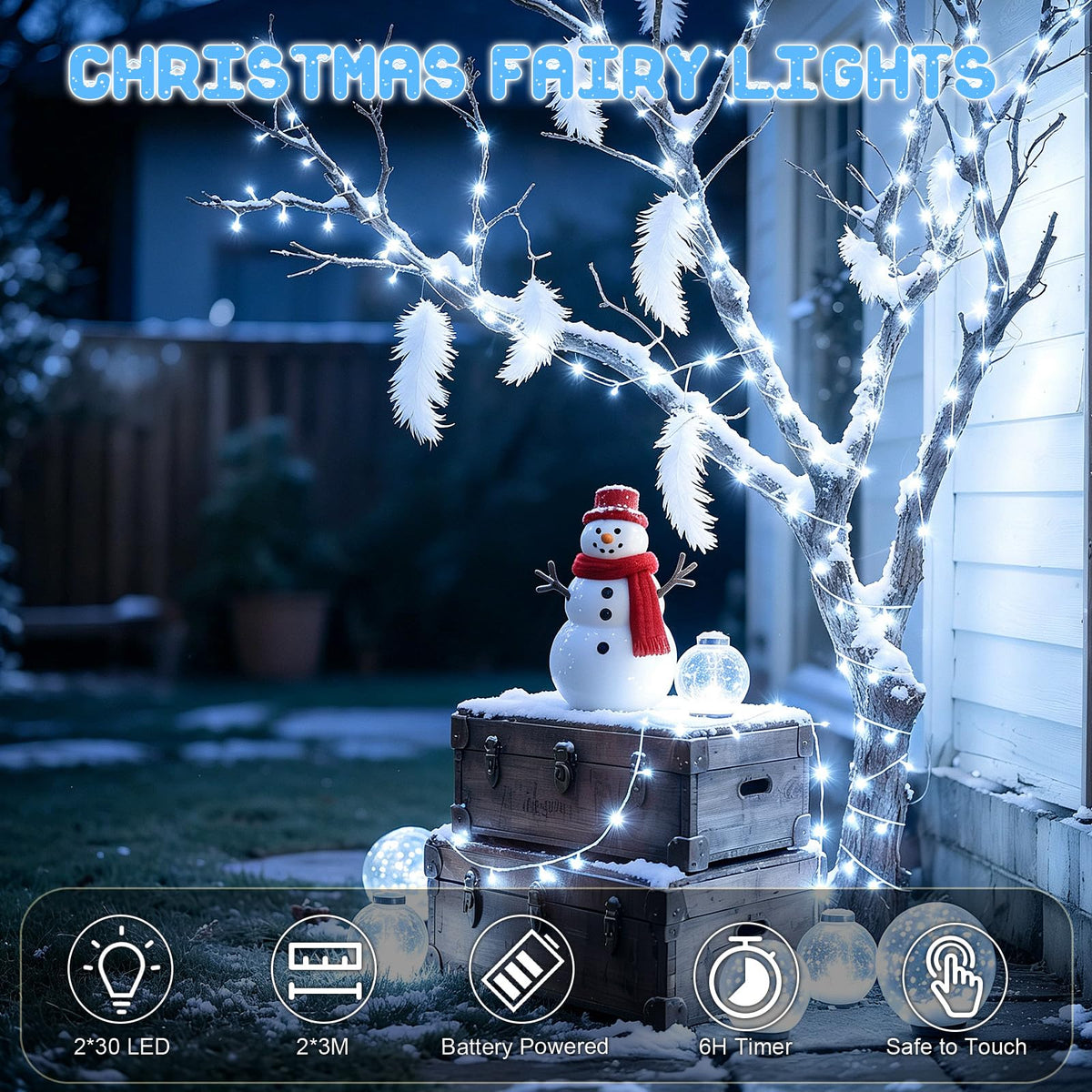 Dalugo Battery Fairy Lights, 3M 30 LED Warm White String Lights with 6h Timer, IP65 Waterproof Battery Powered Fairy Lights for Indoor Outdoor Christmas Decorations
