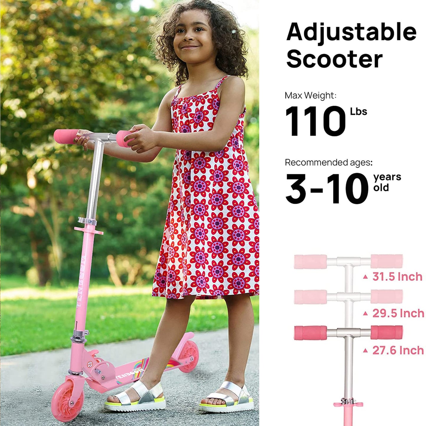 TENBOOM Kids Scooter with LED Light-Up Wheels — Adjustable Height, Aluminium Frame