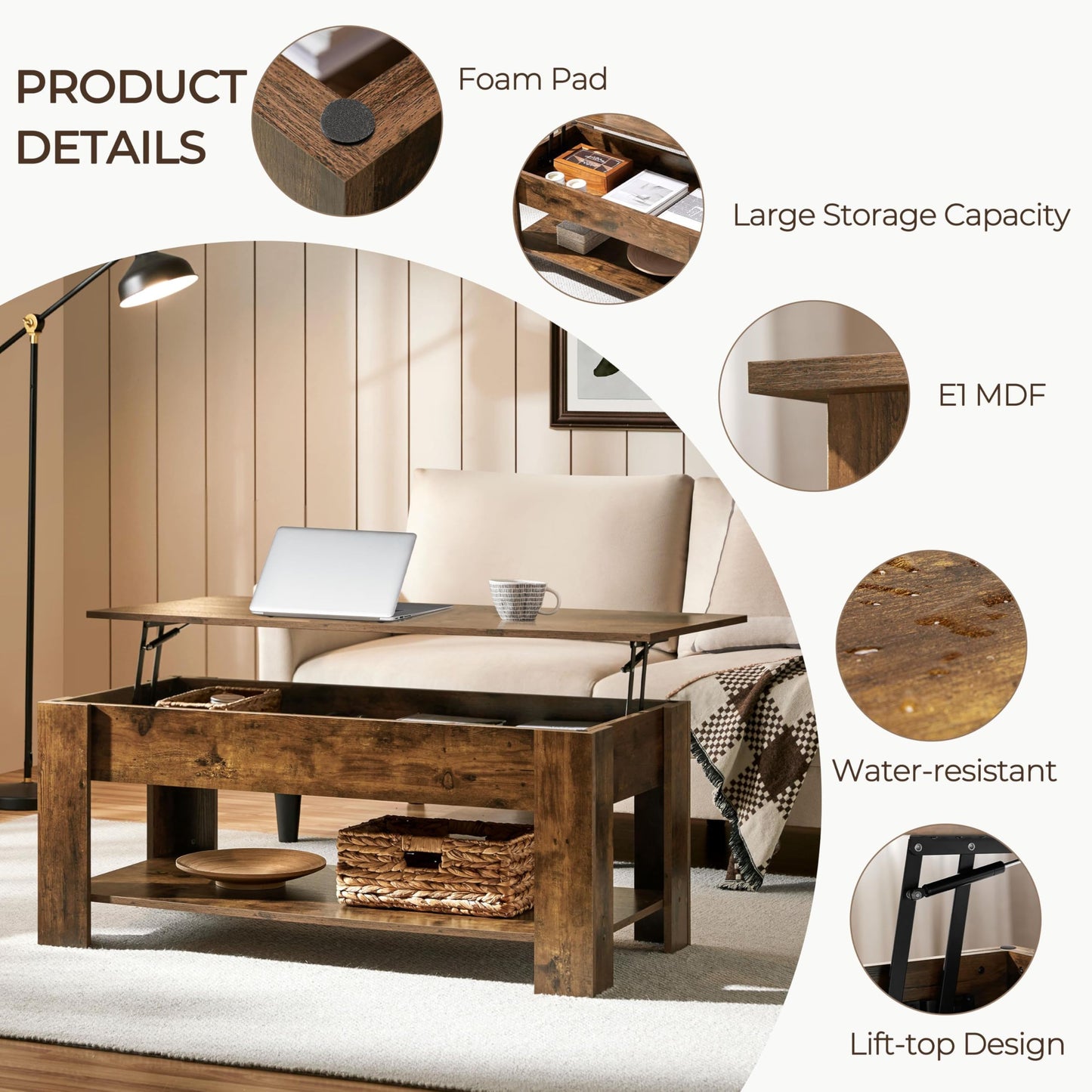 Yaheetech Lift Up Coffee Table, Wooden Lifting Coffee Table with Hidden Storage Drawer and Open Shelf, Space-saving Tea Tables for Living Room/Reception, Espresso