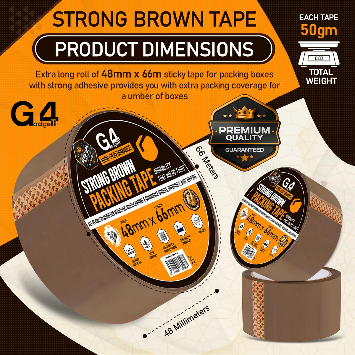 G4GADGET Pack of 3 Clear Packing Tape - Heavy Duty Transparent Tape 48mm x 66m - Ideal for Moving, Packing Boxes, and Secure Packaging