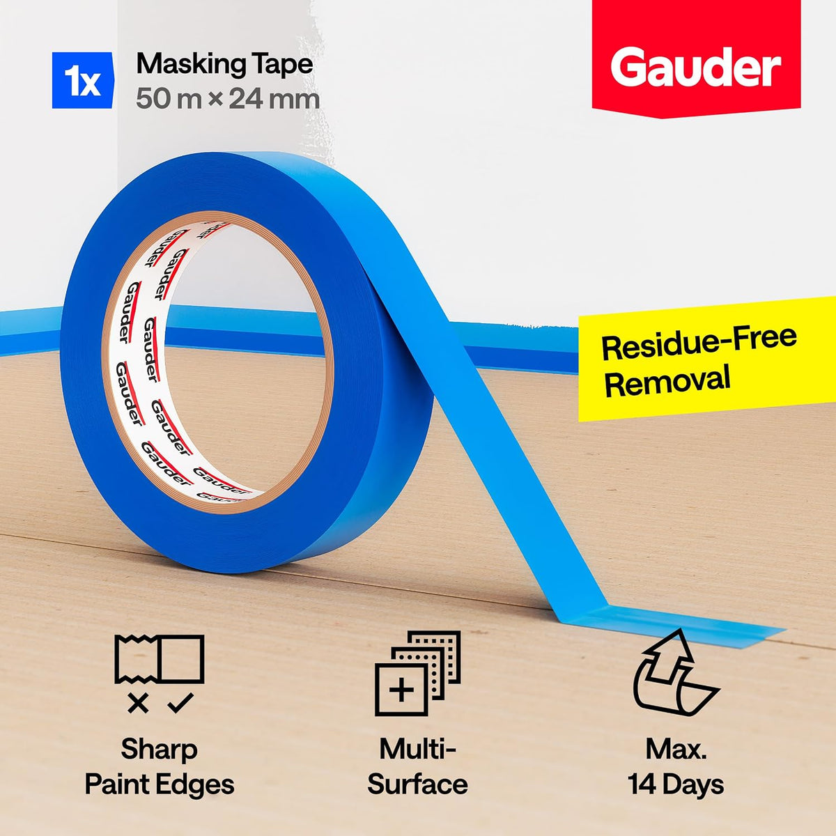 GAUDER Masking Tape for Painting, Blue Painters Tape (1 pc, 24 mm x 50 m)