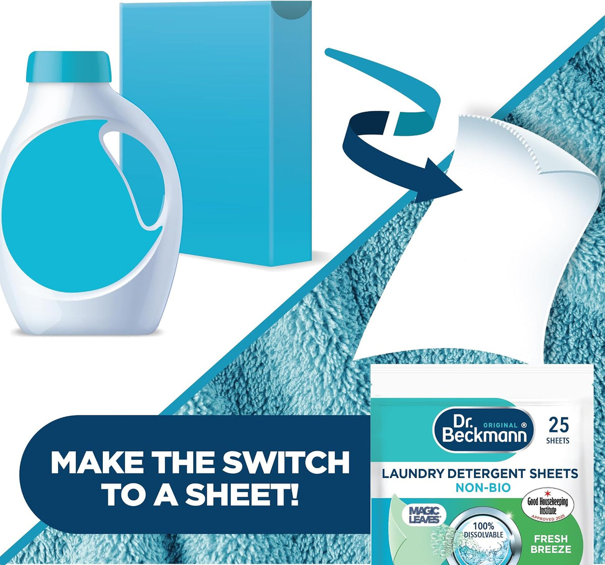 Dr. Beckmann Laundry Detergent Sheets, NON-BIO, Fresh Breeze, 25 Sheets