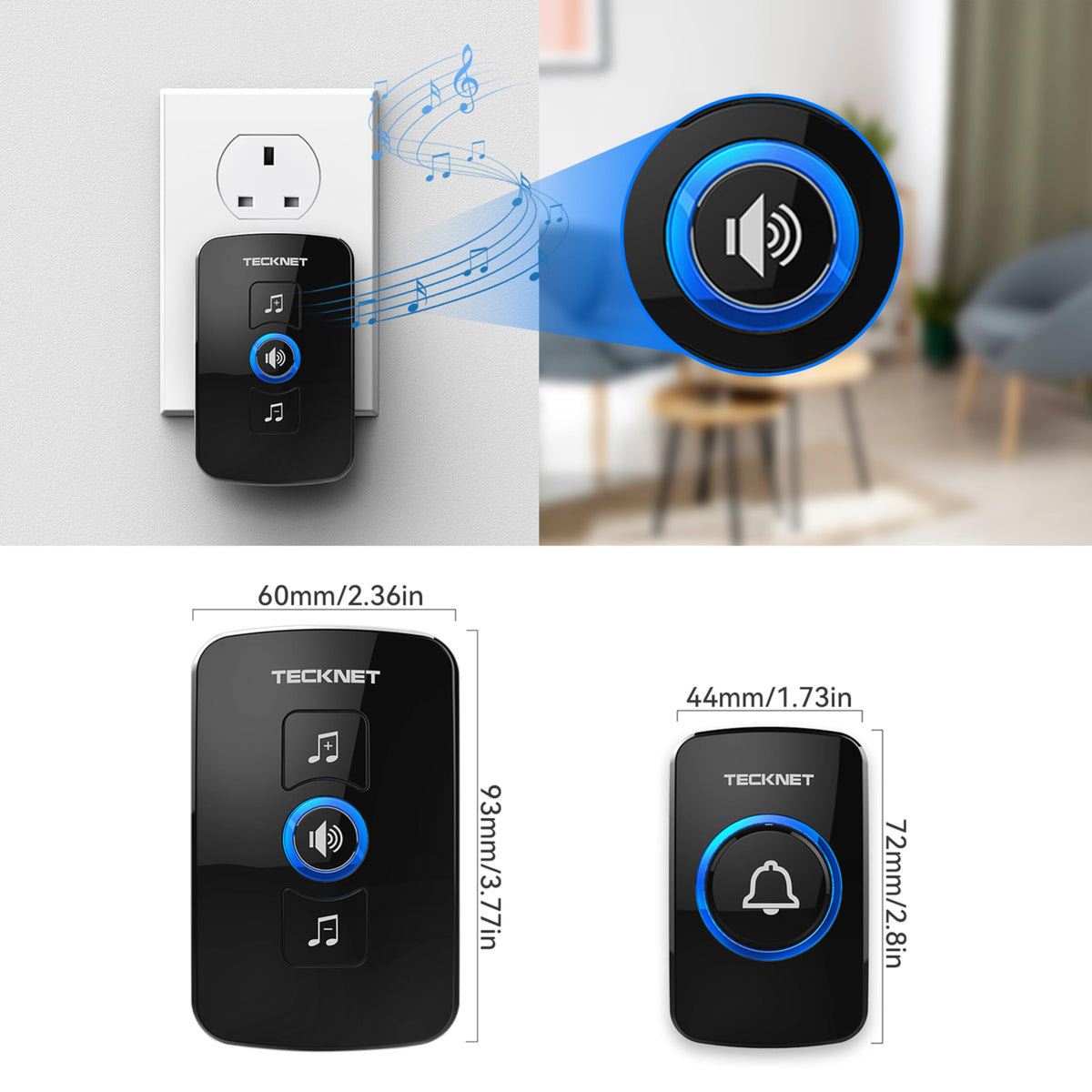 TECKNET Wireless Doorbell, Wall Plug-in Door Bells Wireless Cordless