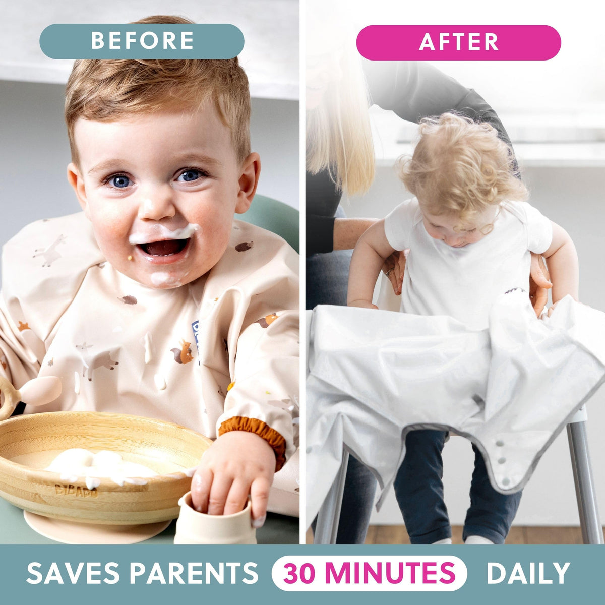 BIBaDO Long Sleeve Baby Bibs - Coverall Weaning Bib with Highchair Strap