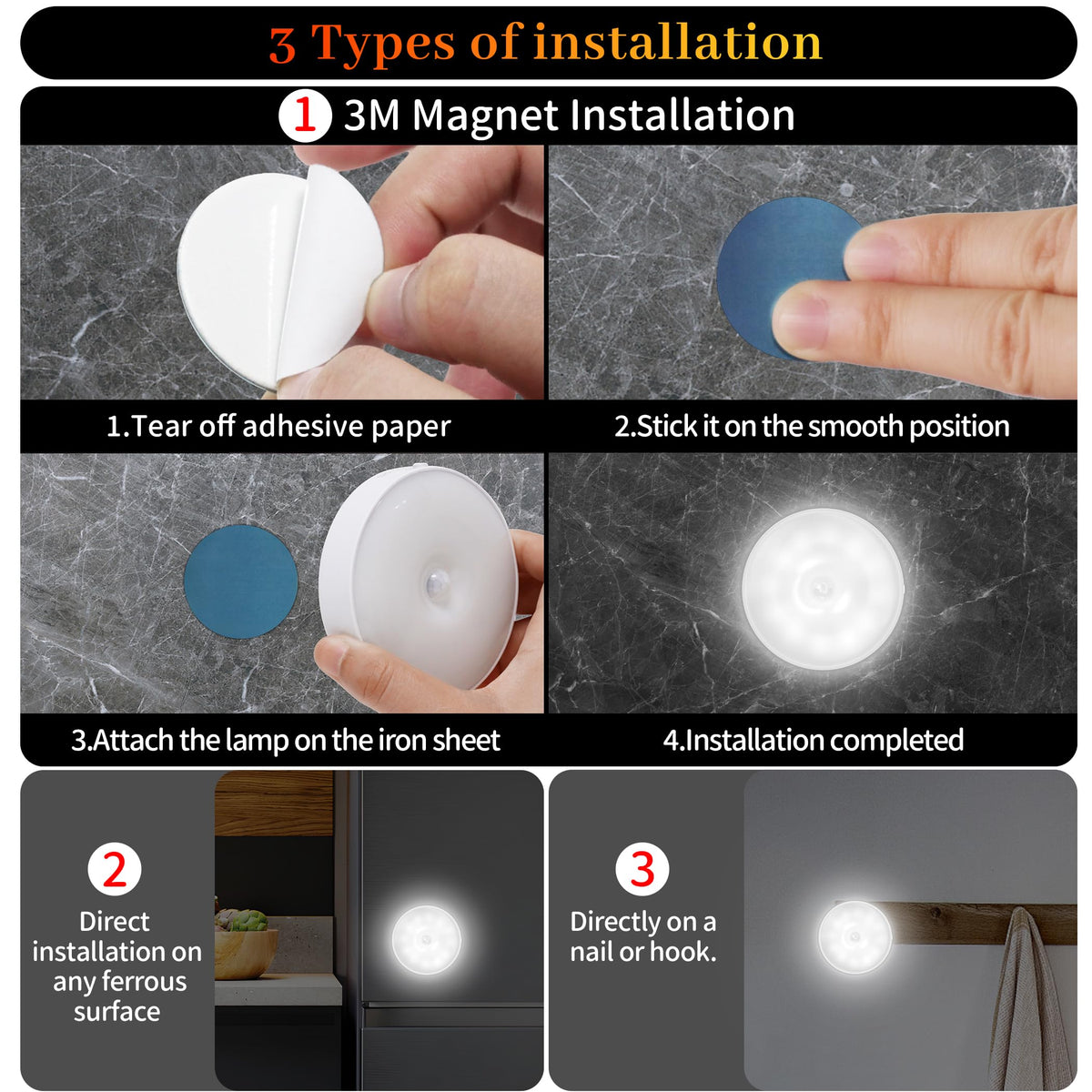 daphomeu Motion Sensor Lights Indoor,6 Pack Wireless USB Rechargeable Cupboard Lights,Stick on Wall Night Light,Battery Operated for Stair Wardrobe Corridors Closet Under Cabinet Kitchen Puck Lights