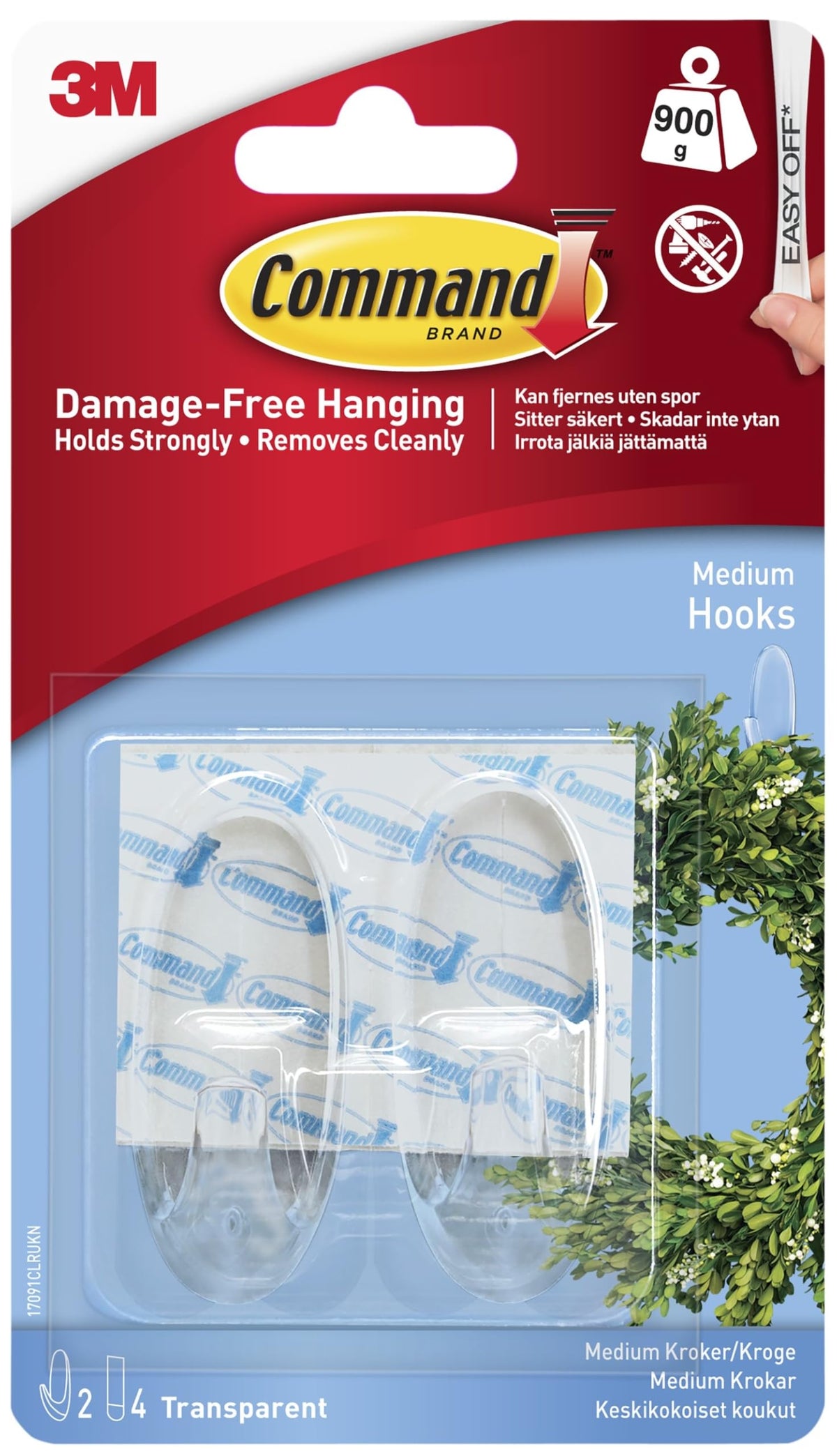 Command Small Hooks with Clear Strips, Pack of 2 Hooks + 4 Adhesive Strips, Transparent - Indoor Use - Suitable for Hanging Items up to 450 g - Damage Free Hanging