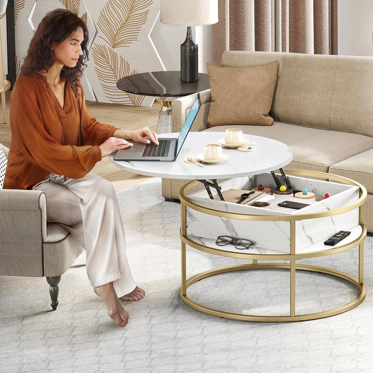 YITAHOME Coffee Table with Lift Top, lift up Coffee Table Round with Hidden Storage Compartment, 60x60x47cm