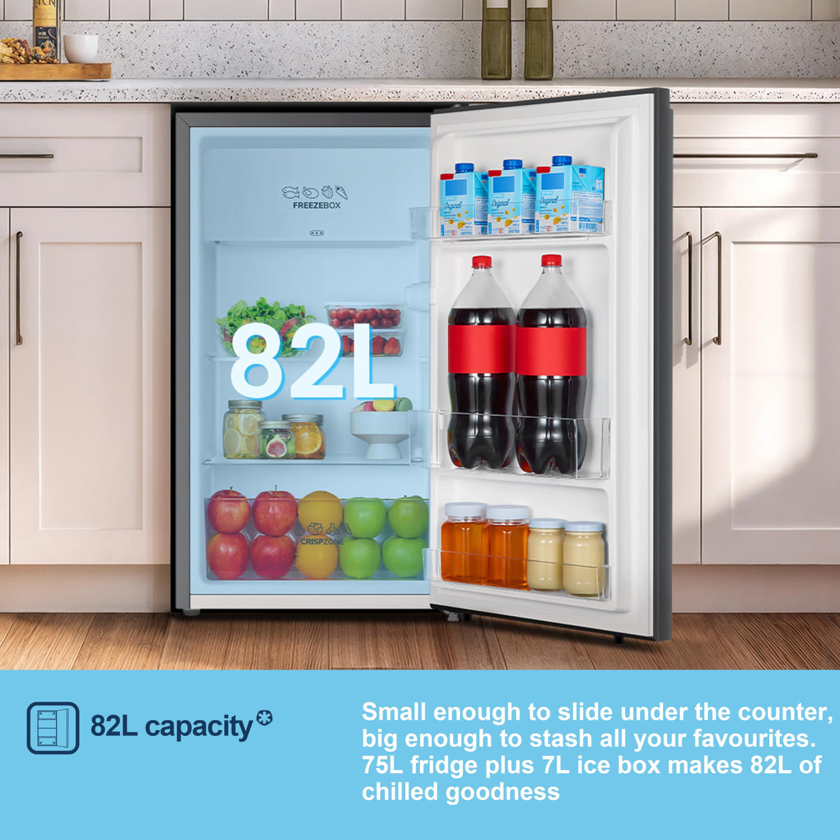 Fridgemaster 45L Table Top Mini Fridge MUR4545, 45cm Compact Refrigerator with Adjustable Thermostat, Reversible Door, 39dB Low Noise, White, Energy Class E