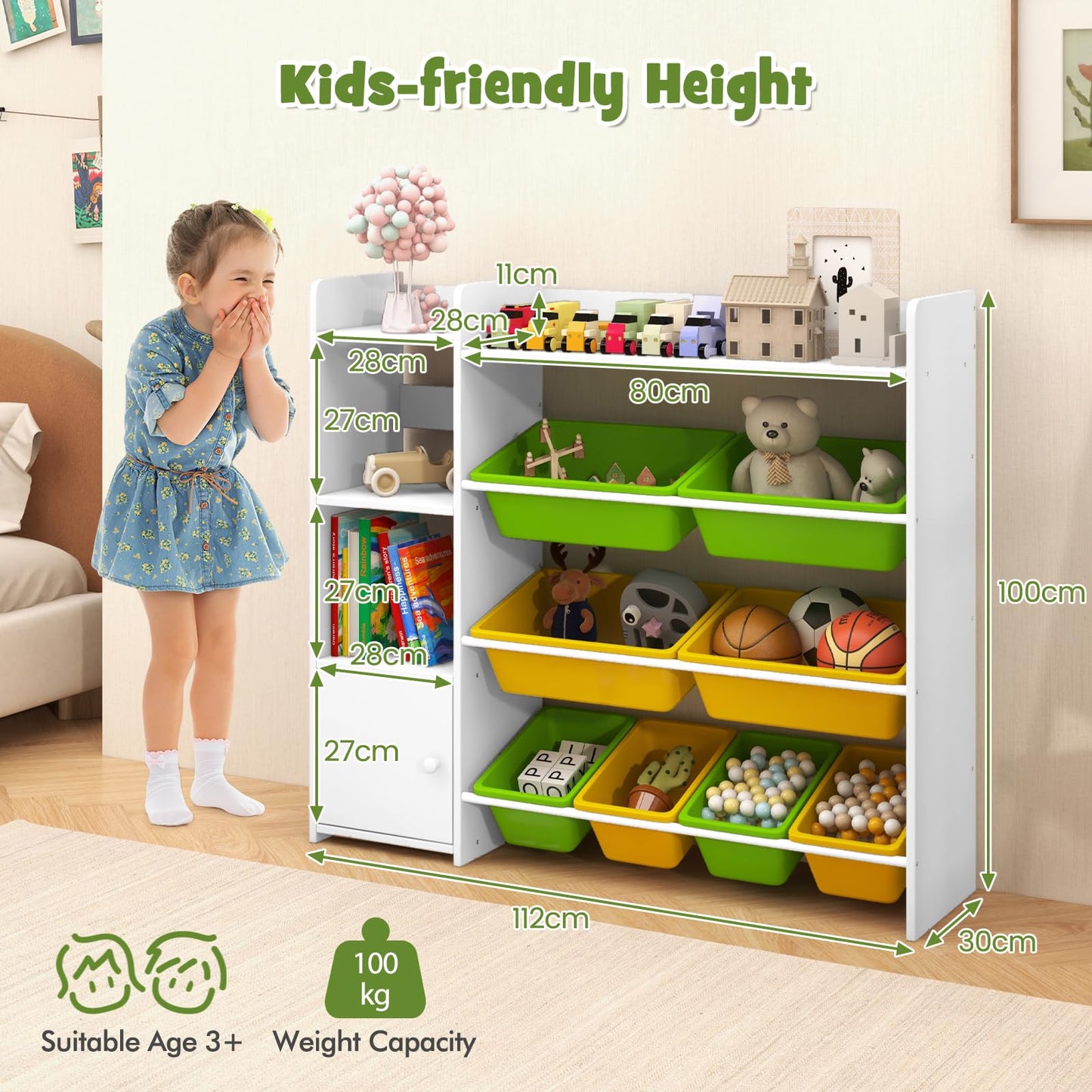 GYMAX Toy Storage Organizer, 4 Tiers Kids Bookshelf and Toy Storage Unit with 8 Bins, Open Shelves and Enclosed Cabinet, Children Bookcase for Playroom Bedroom Nursery (Pink)