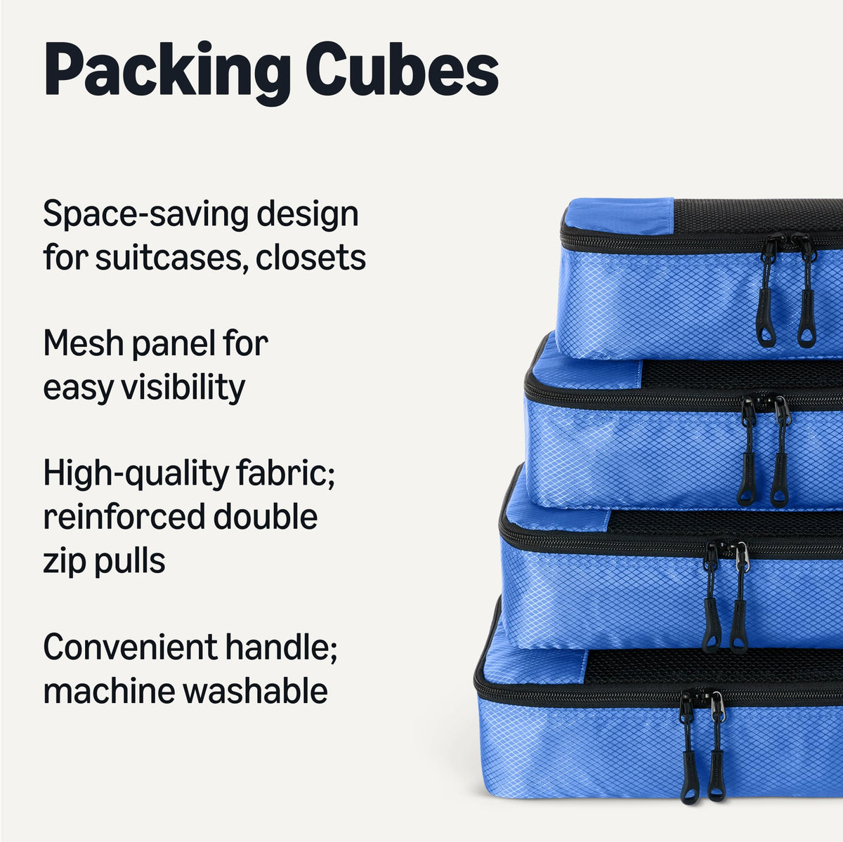 Amazon Essentials 4-Piece Packing Cubes Travel Accessories Set, Luggage Organiser with Double Zip, Mesh Top, 100% Polyester, Medium, Black (Previously Amazon Basics)
