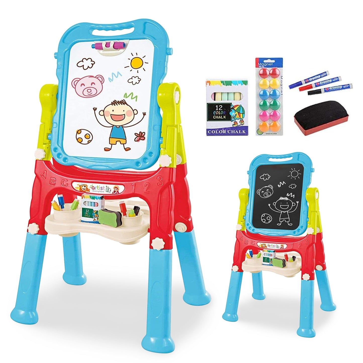 The Magic Toy Shop Kids Folding Double-Sided Magnetic Easel - 360° Rotating & Removable Drawing Board with Blackboard & Whiteboard - Magnets, Chalks, Markers, Stand - Art, Painting, & Writing (Pink)