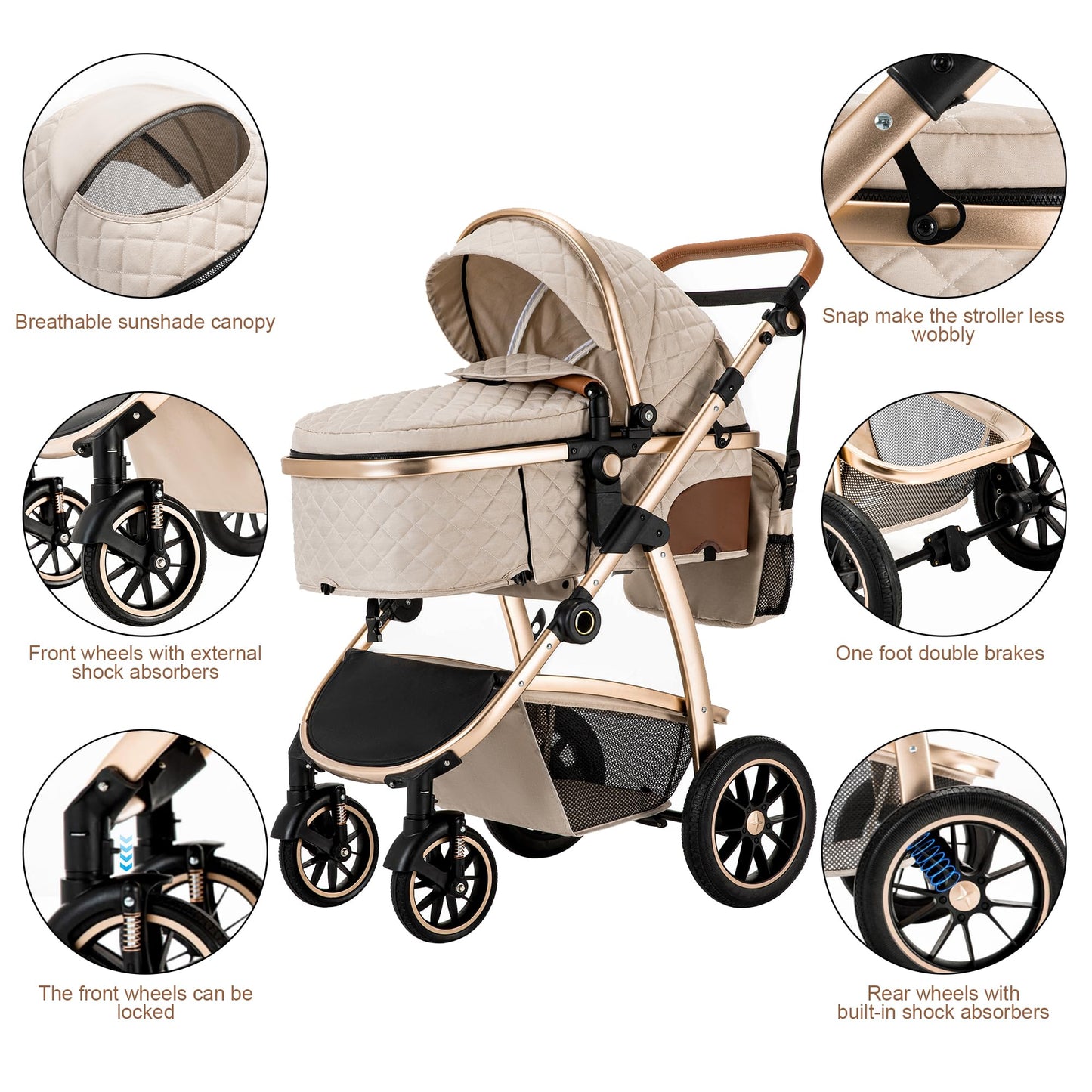 Baby Stroller 3 in 1,Travel Pushchair's Lie-Flat Pram is Foldable, Stroller System Handle is Adjustable, The Wheels are Made of PU Material, Suitable for 0-3 Years-Khaki