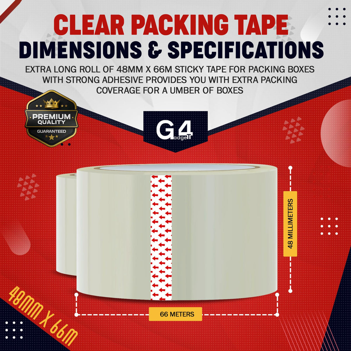 G4GADGET Pack of 3 Clear Packing Tape - Heavy Duty Transparent Tape 48mm x 66m - Ideal for Moving, Packing Boxes, and Secure Packaging