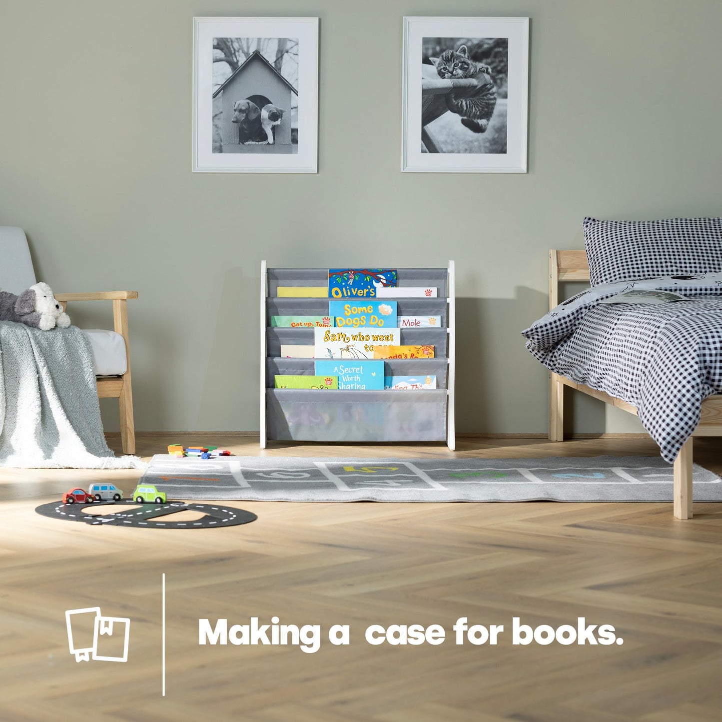 LIVIVO Colorful Kids Bookshelf - 4 Tier Children's Bookcase, Magazine and Book Storage Rack, Wooden Sling Book Organizer, Book Shelf for Kids Room, Bedroom, Nursery, Playroom (Natural)