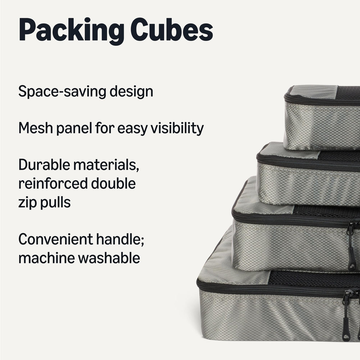 Amazon Essentials 4-Piece Packing Cubes Travel Accessories Set, Luggage Organiser with Double Zip, Mesh Top, 100% Polyester, Medium, Black (Previously Amazon Basics)