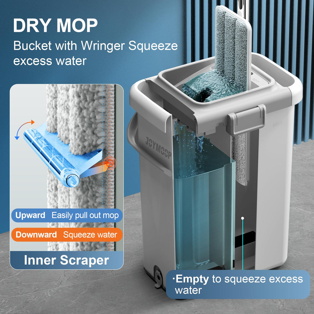 JOYMOOP Mop and Bucket with Wringer Set, Hands Free Flat Floor Mop and Bucket, with 3 Washable Microfiber Pads, Wet and Dry Use, Floor Cleaning System