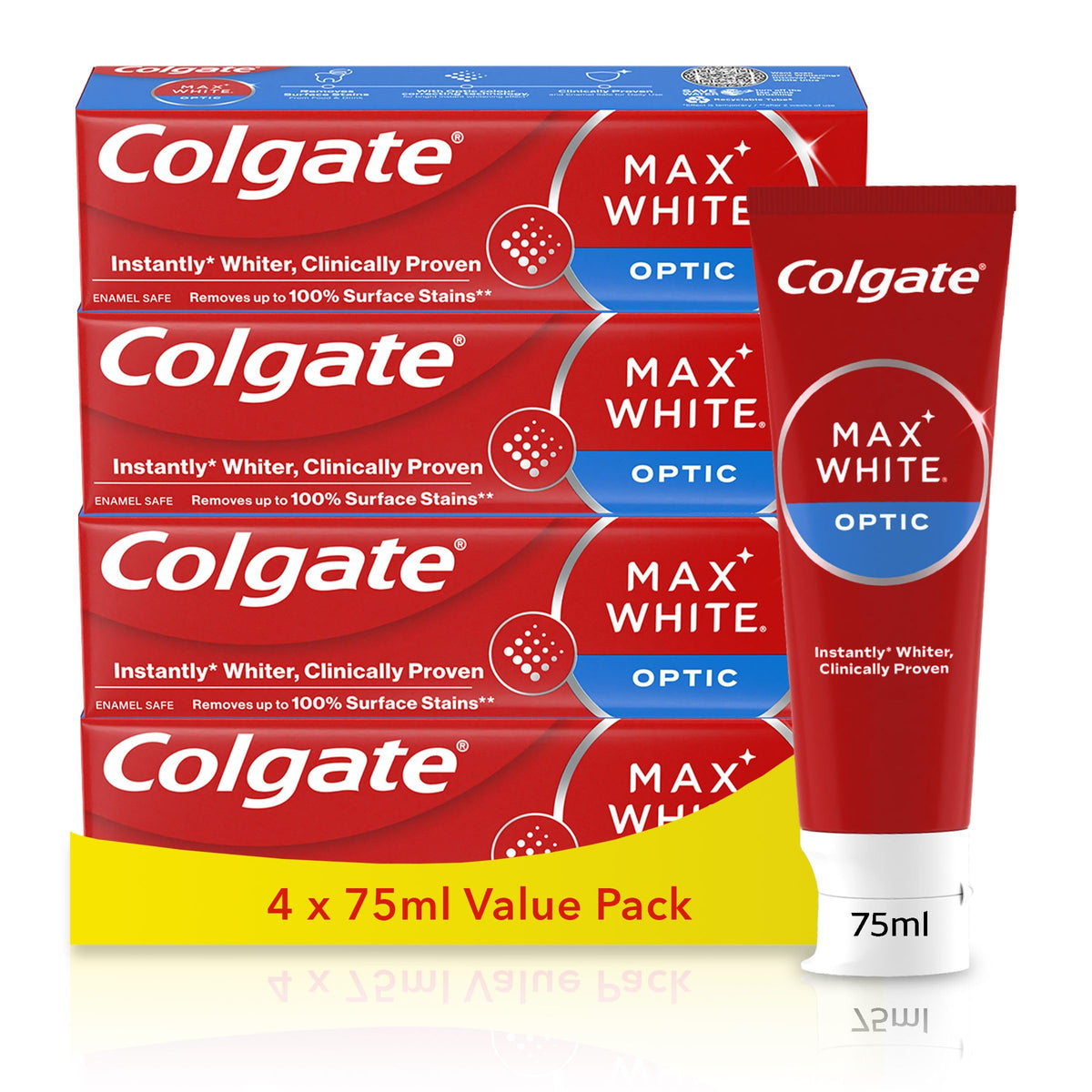 Colgate Max White Purple Reveal Teeth Whitening Toothpaste - Clinically Proven to Remove up to 100% of Surface Stains** - Fluoride Toothpaste - Colgate Multipack - 4 X 75ml