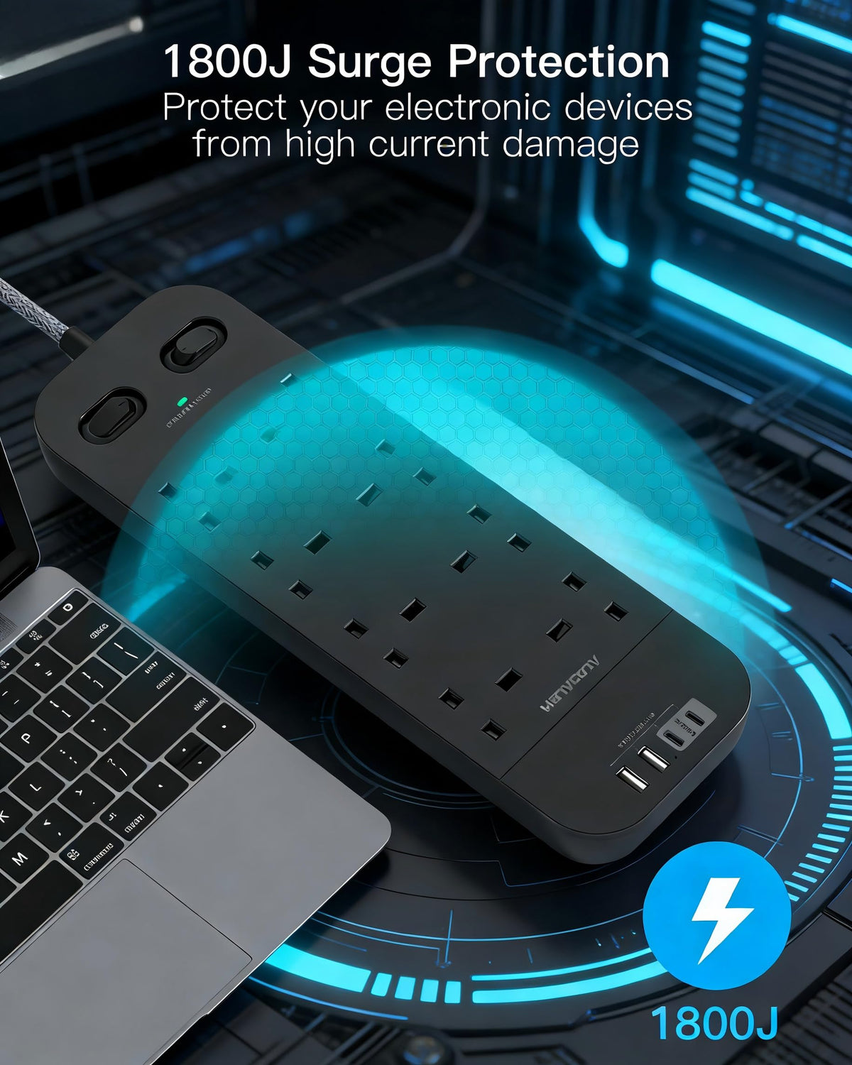 Extension Lead with 2 USB C Slots, 8 Way Power Strip Surge Protector