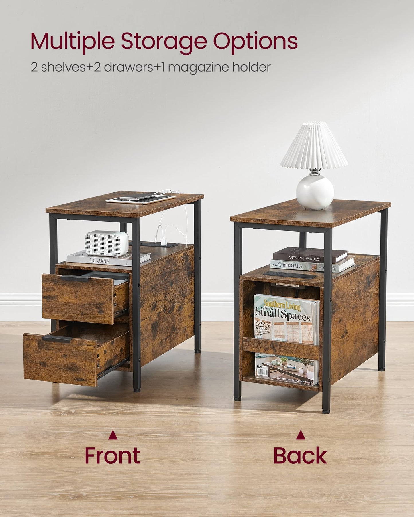 VASAGLE Slim Side Table with Charging Station, Narrow End Table with 2 Drawers, Bedside Table with Storage, for Living Room, Bedroom, Rustic Brown and Classic Black LET326B01