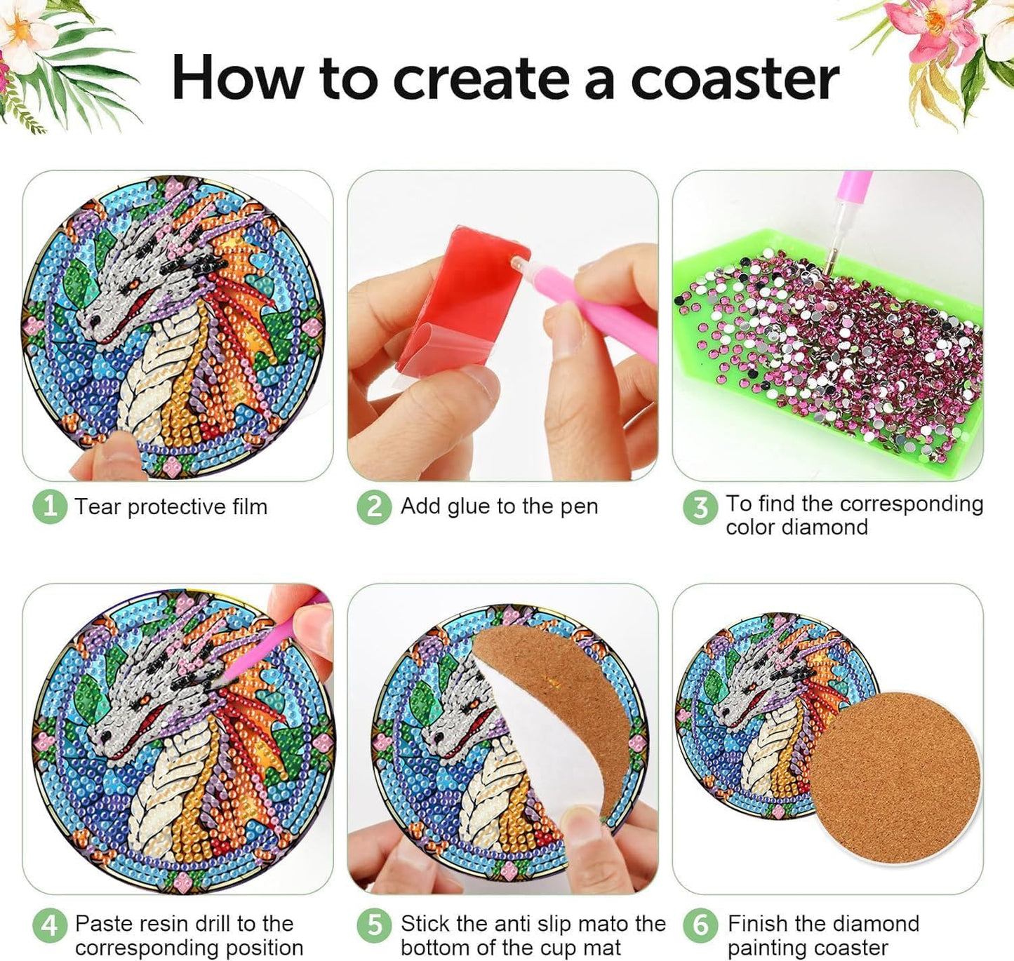 8Pcs Diamond Painting Coasters with Holder,DIY Cocktail Life Coaster Diamond Art Kits for Adults Kids,Beginners Round Full Drill Diamonds Art Craft Supplies