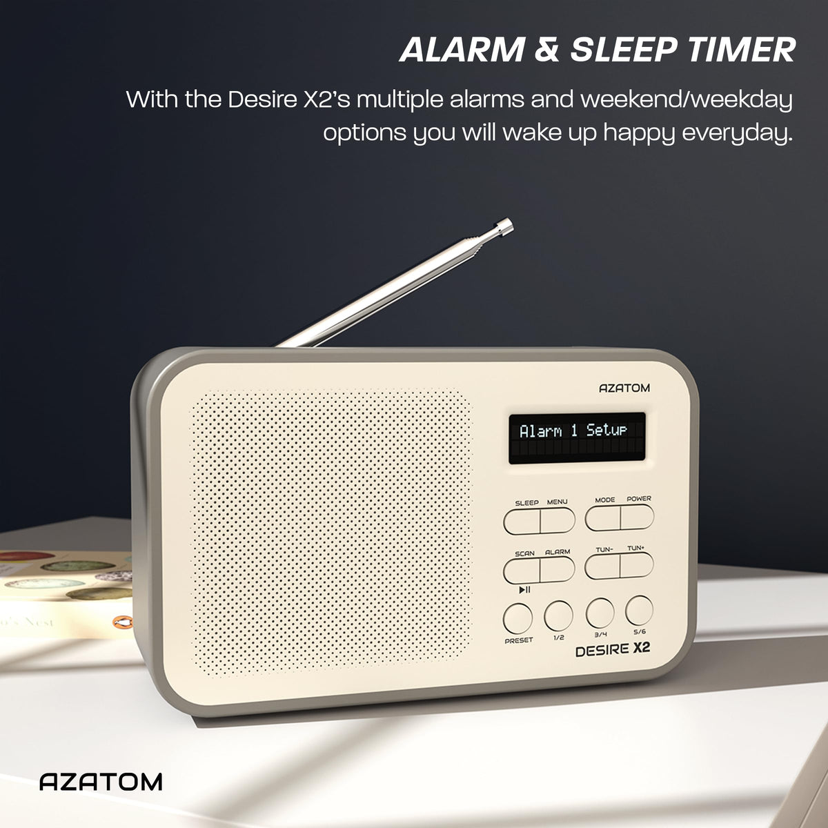 DAB/DAB+ & FM Portable Digital Radio | Simple Controls | Dual Alarms & Sleep Timer | Battery & Mains Powered (4x”AA”) | Bluetooth | Perfect for Home, Office or Outdoors | AZATOM Desire X2 (Black)