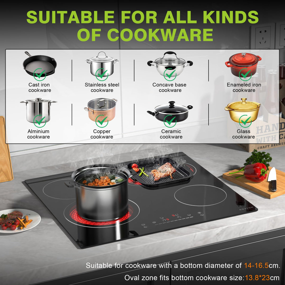 Noxton 2 Zone Ceramic Hob 30cm Electric Hob with Timer, Safe Lock, Pause Coutertop Use Hob with 13AMP Plug 2800W