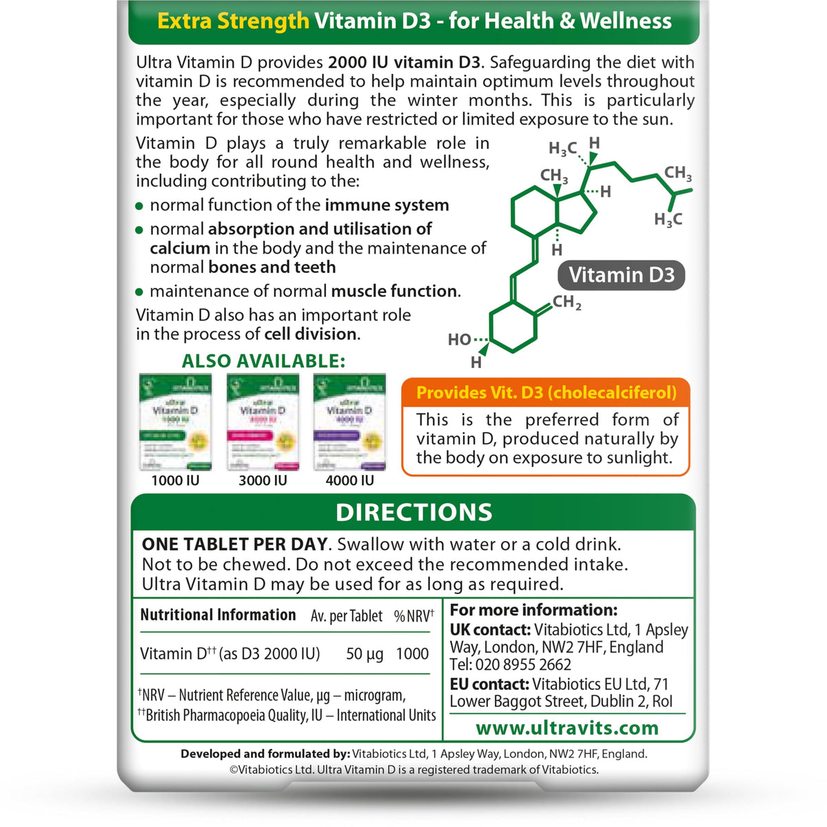 Vitabiotics Ultra Vitamin D3 1000IU, Vitamin D3 Tablets, 96 Tablets