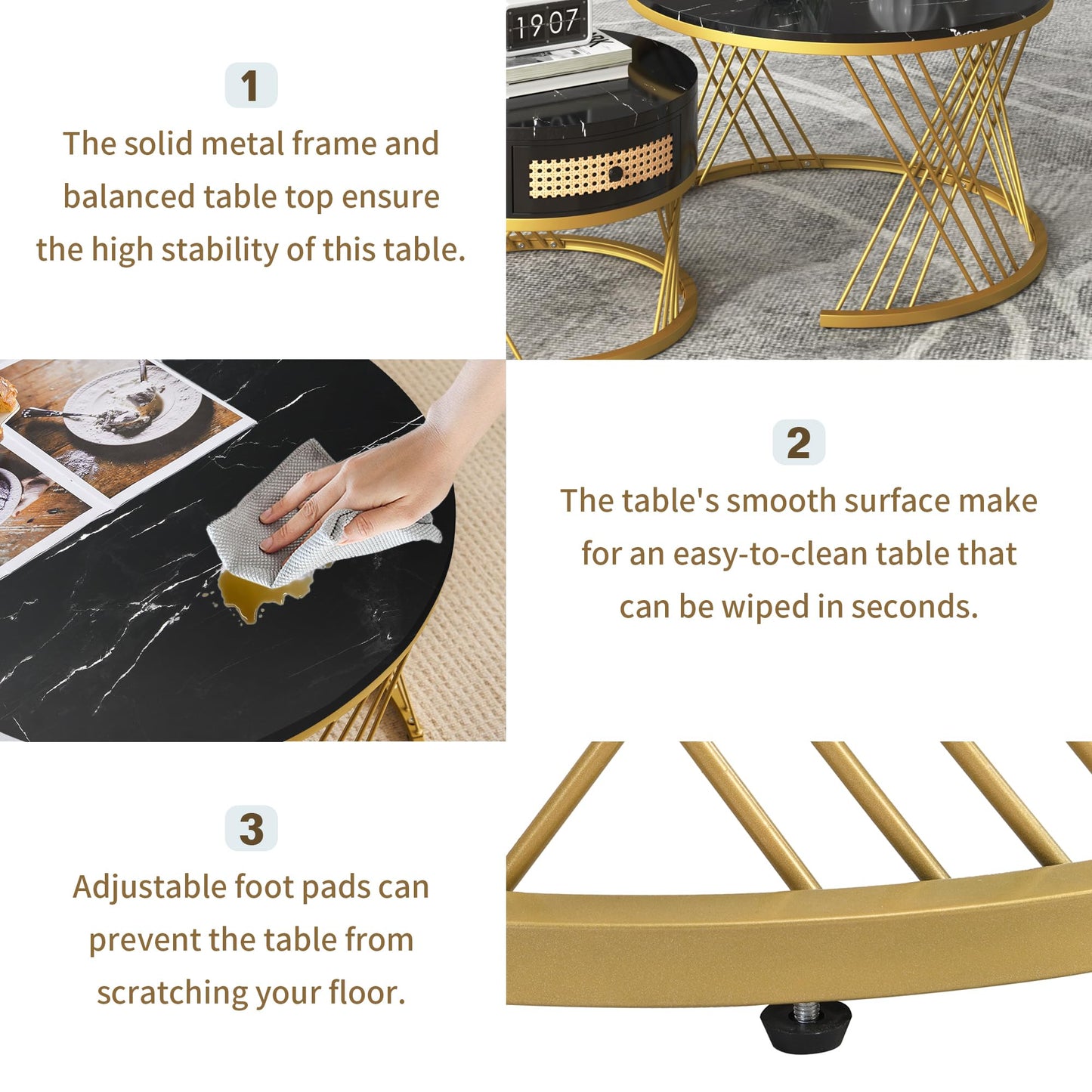 ModernLuxe 2-in-1 Coffee Table, Multi-functional Side Table with Marble Grain Veneer Top, Rattan Drawers, Solid Wood Handles, Gold Coloured Iron Legs, Round Nest of Tables for Living Room, Black
