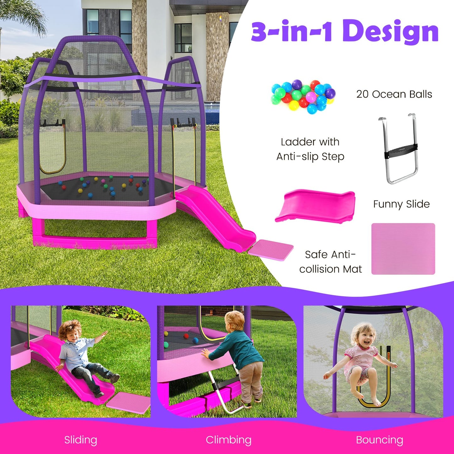COSTWAY 7ft Kids Trampoline, Hexagonal Trampolines with Slide, Ladder, Safety Enclosure Net and Ocean Balls, Toddler Jumping House for Indoor Outdoor