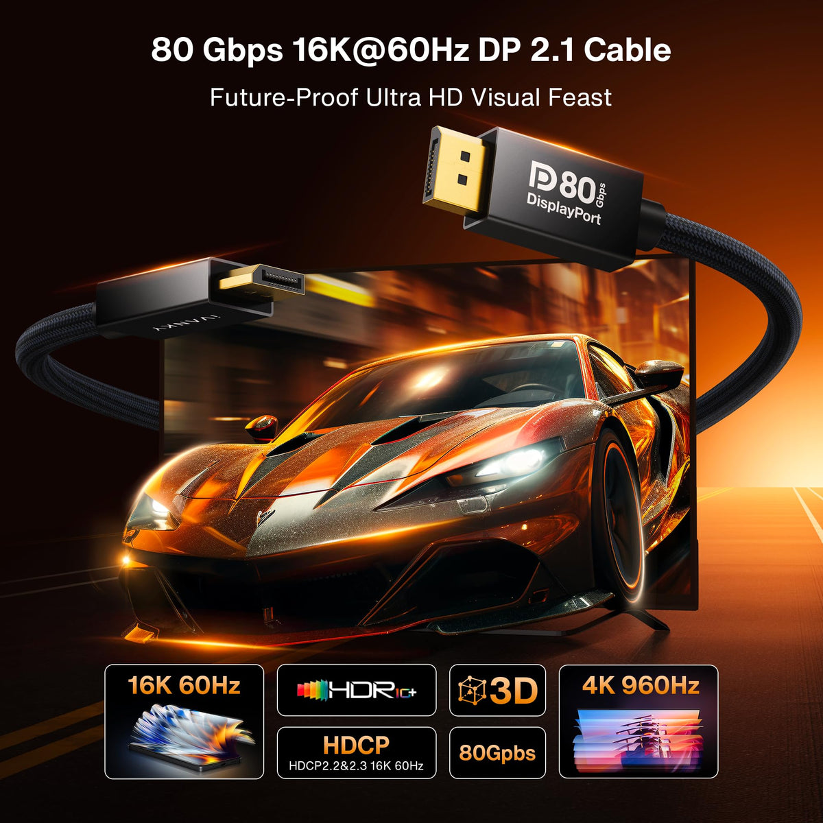 IVANKY VESA Certified DisplayPort Cable 2m DP to DP 4K@60Hz Gaming Monitor