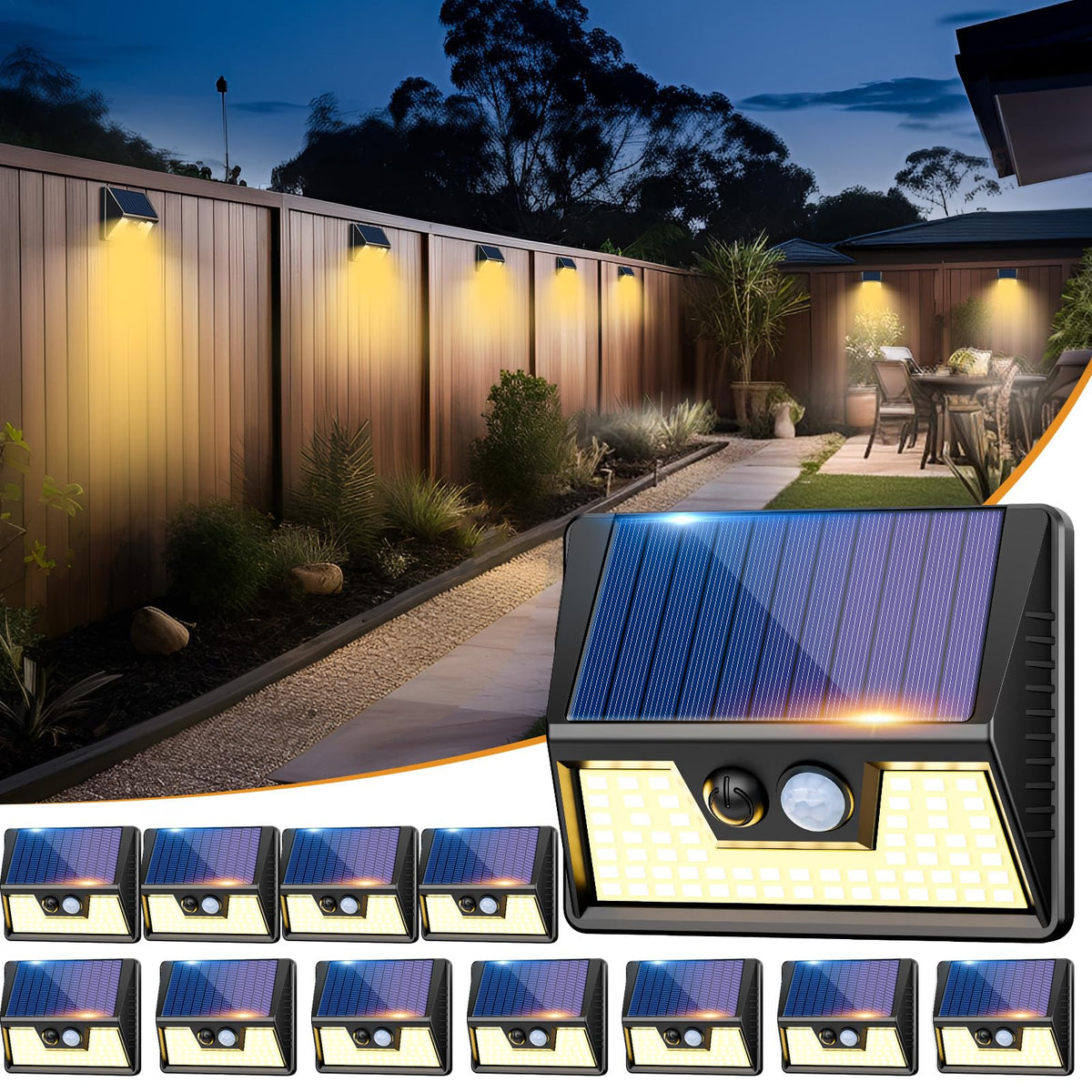 vighep Solar Security Lights Outdoor Motion Sensor, White 318LED Led Solar Powered Light with 3 Lighting Modes, IP65 Waterproof Wireless Pir Wall Light for Outside Garden Fence Yard-Warm White