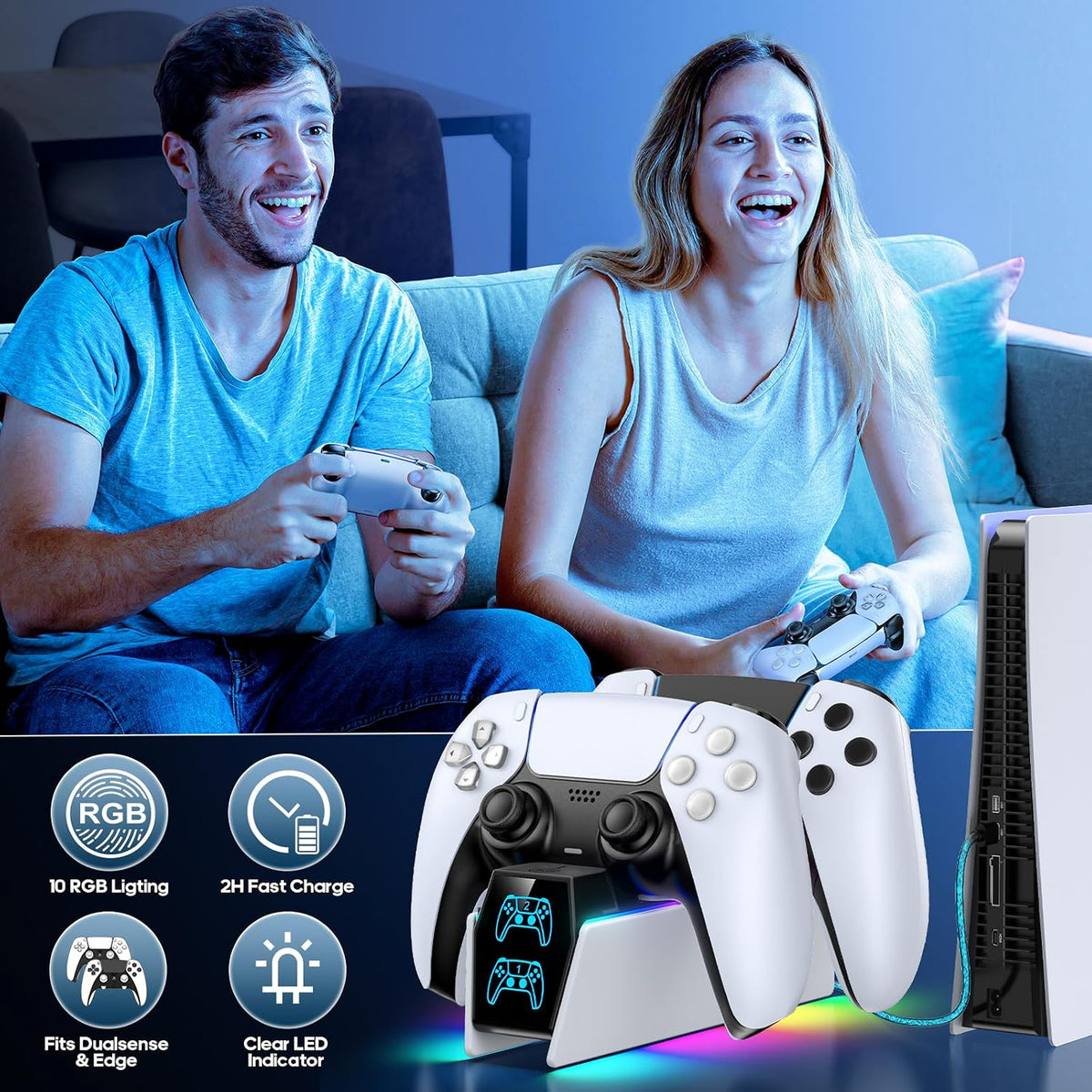 Tokluck Controller Charger Station Compatible with PS5 DualSense & Edge, RGB Charging Stand for PS5 Dual Controller Gaming, Games Charging Dock with LED Lights & Cable for PlayStation 5 Accessories