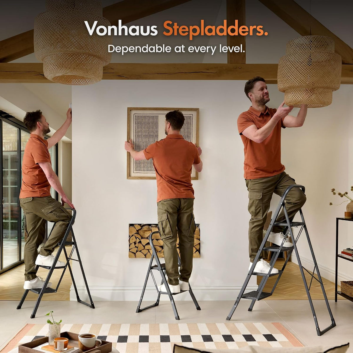 VonHaus 3 Step Ladder – Premium Quality Folding Step Ladder for DIY and Gardening - Anti Slip Feet, Easy to Store Ladder, 150KG Max Capacity - Durable Steel
