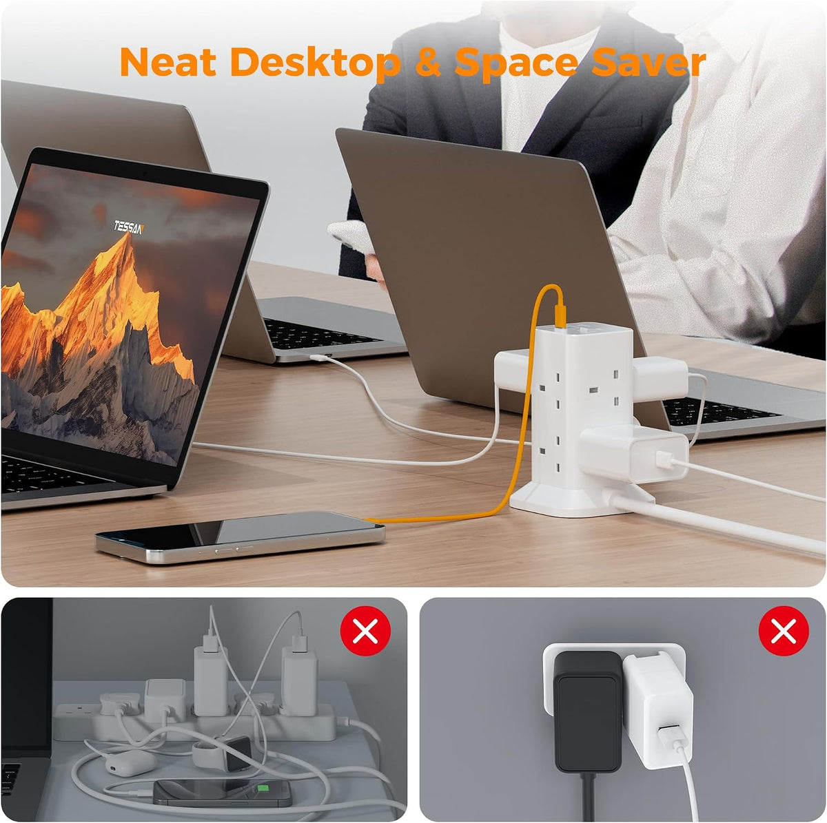 TESSAN Tower Extension Lead with USB C Slots