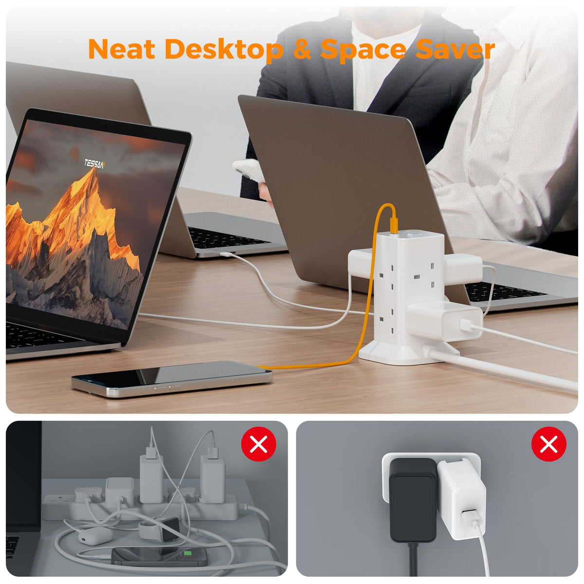 TESSAN Tower Extension Lead with USB C Slots