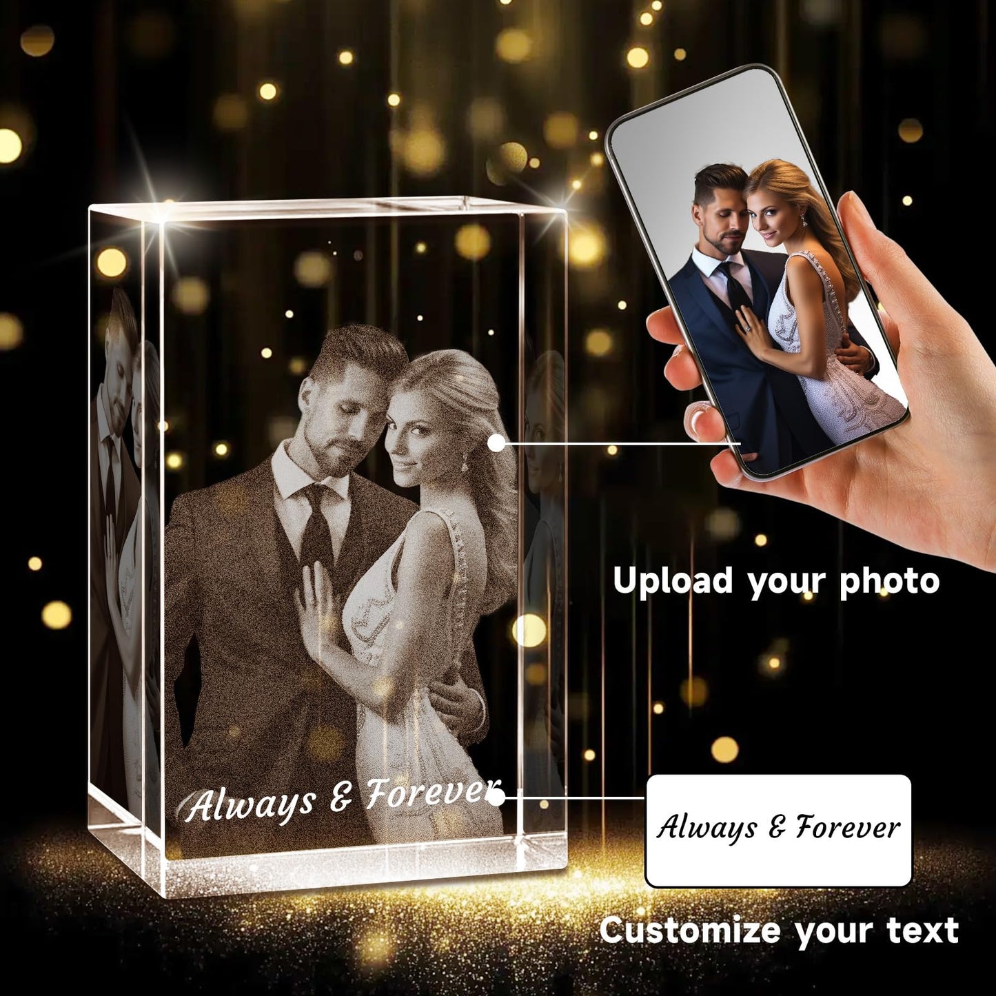 Personalised 3D Crystal Photo Gift, Custom Gifts with 3D Laser Etched, Engraved Inside the Crystal Using Your Photo Customized Memorial Custom Mother’s Day Picture Gift (Cuboid)