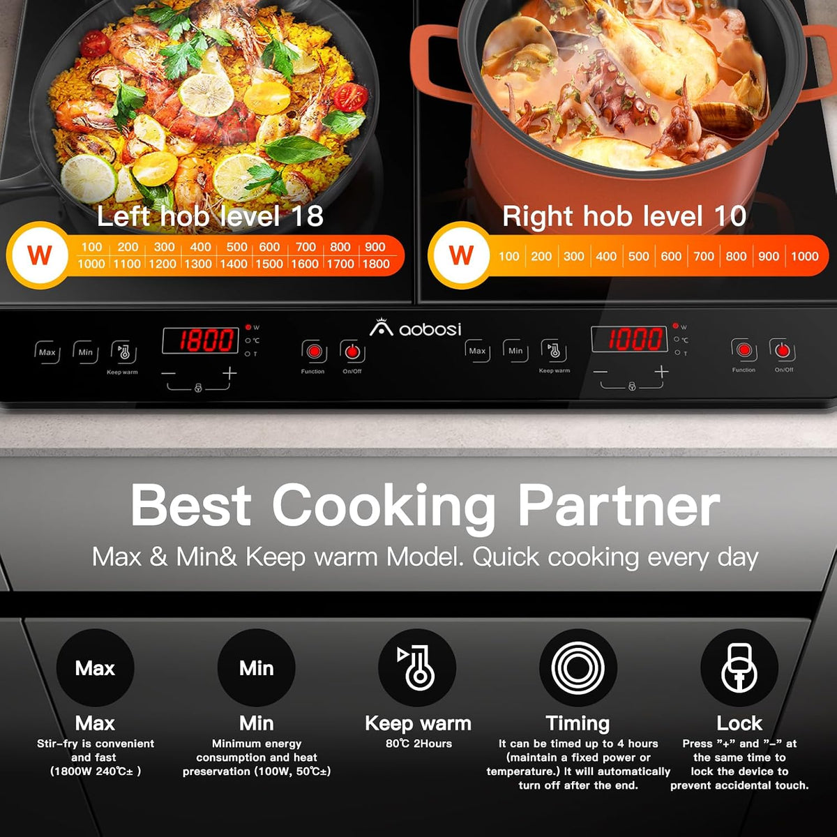 Aobosi Double Induction hob,Induction Cooker with Portable Black Glass Plate, Independent Control,One-click Max and Min Power Control 2800W,20 Temperature Setting[Upgrade],Safety Lock,4-Hour Timer