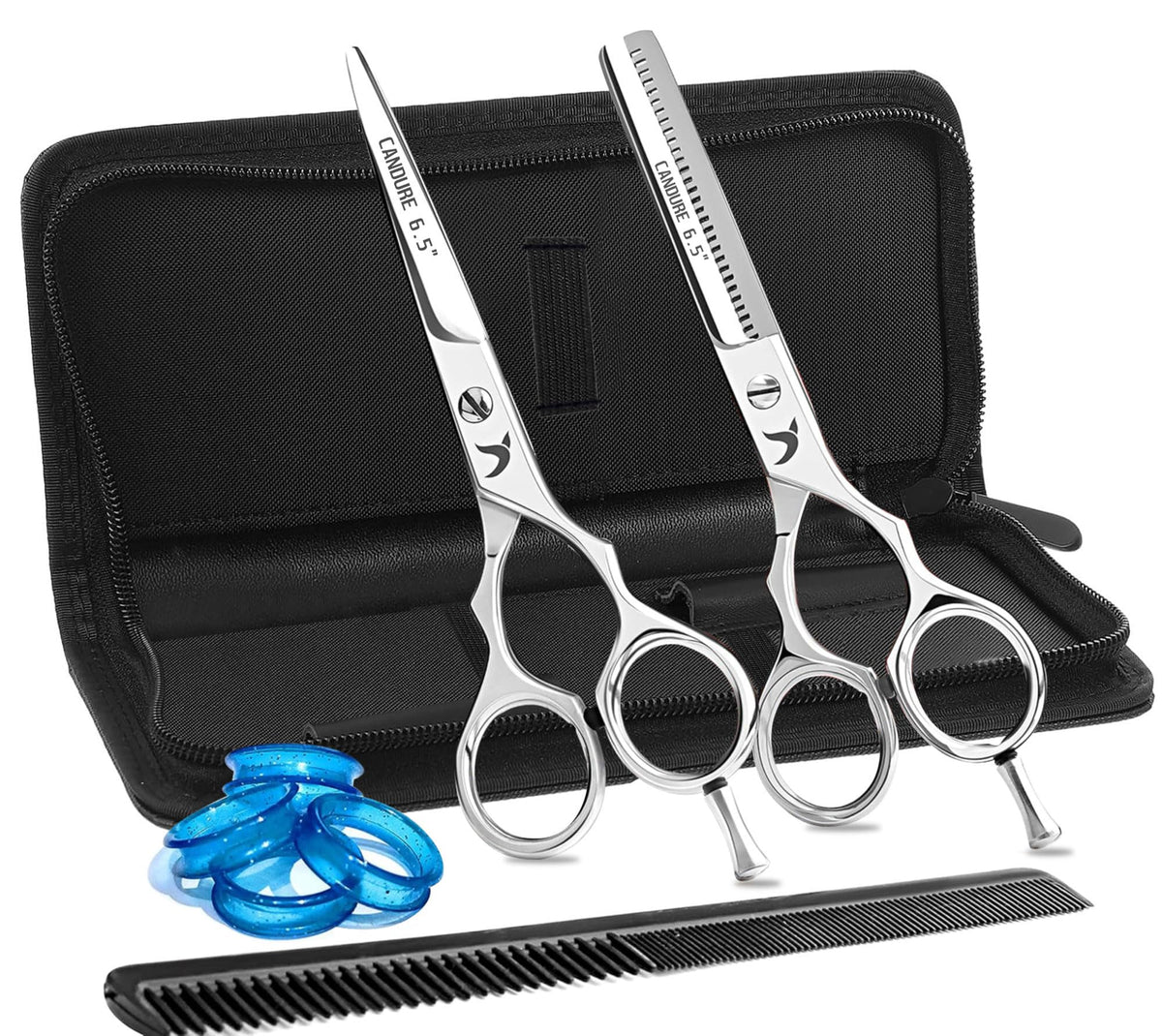 Candure Hairdressing Scissor with Comb & Leather Pouch 6.5" - Hair Scissor for Professional Hairdressers, Barbers Stainless Steel Hair Cutting Shears for Salon, Men, Women, Children and Adults Black