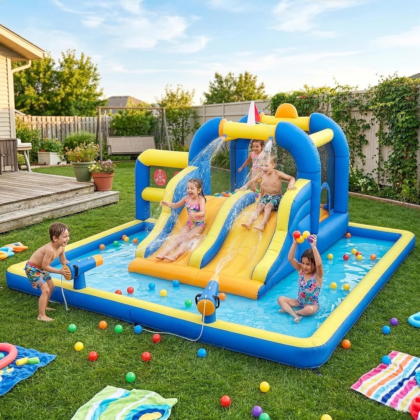Karl home Outdoor Bouncy Castle with 450W Air Blower, Bounce House with Double Water Slide, Jumping Area, Splash Pool & Basketball Rim (470x472x225cm)