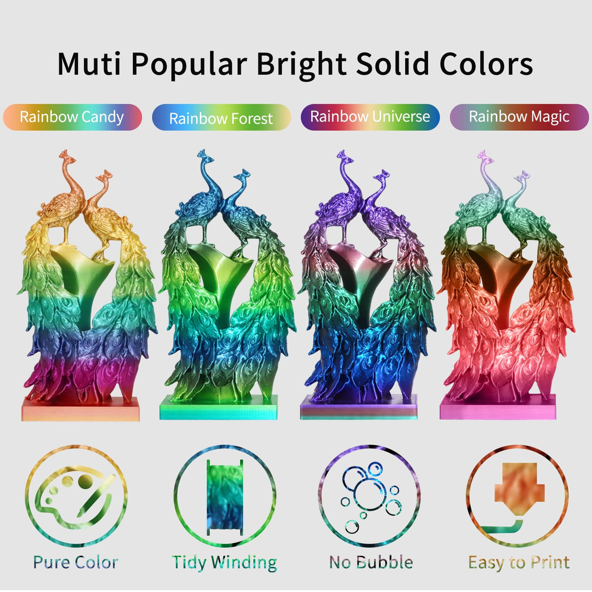 YOUSU 3D Printer Filament Bundle,Glow in The Dark Filament Multicolor,PLA Filament 1.75 mm,Green, Blue,Purple and Rainbow Accuracy +/- 0.03 mm,250g X 4 Pack