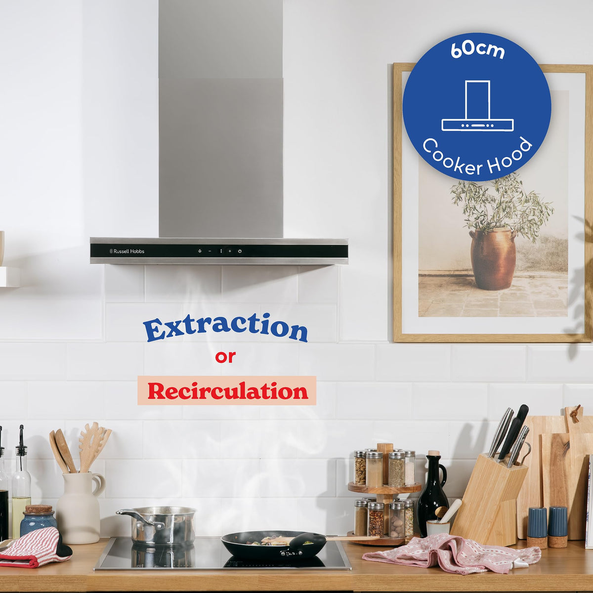 Russell Hobbs 90cm T-Shaped Cooker Hood in Stainless Steel with 3 Speed Settings, 3x Washable Aluminium Filters, Extraction or Recirculation, Boost Function, LED Lights A++ Energy Rating, RHGCH903SS