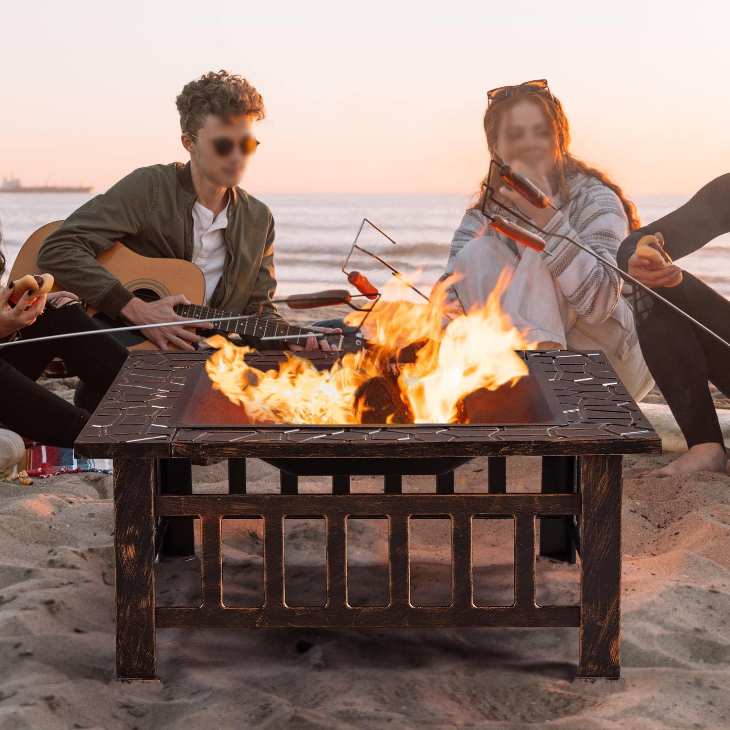Yaheetech Outdoor Fire Pit 81cm Square Fire pits 3-in-1 Heat-resistant Metal Garden Stove for Barbecue, Heating, Cooling Drinks with Cover & Poker, Black