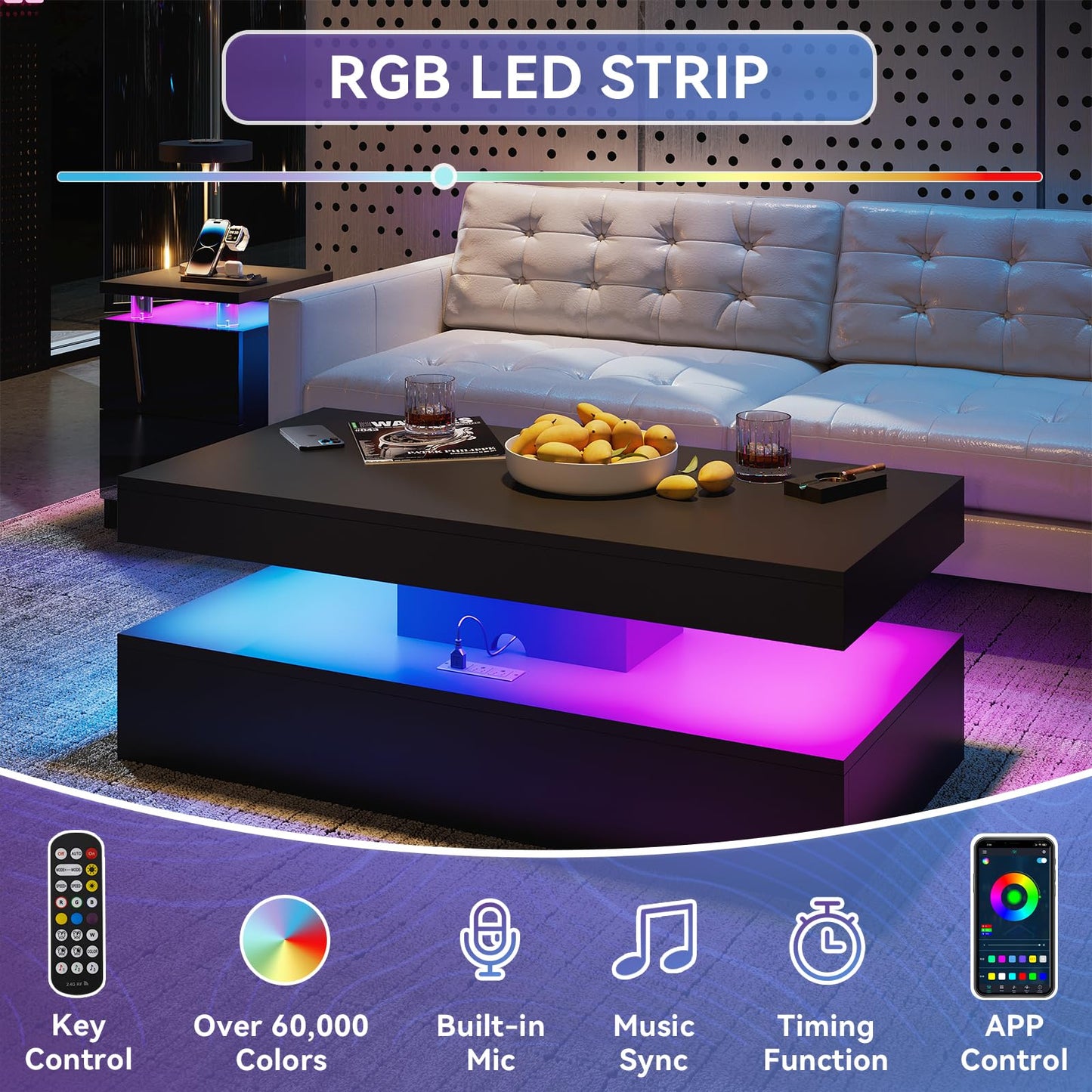 Modern Coffee Table with LED Lights, 2 Drawer Storage, Wooden Coffee Table with Charging Station, USB Ports & Power Outlet, Rectangle Coffee End Table for Home, Office & Living Room - Black