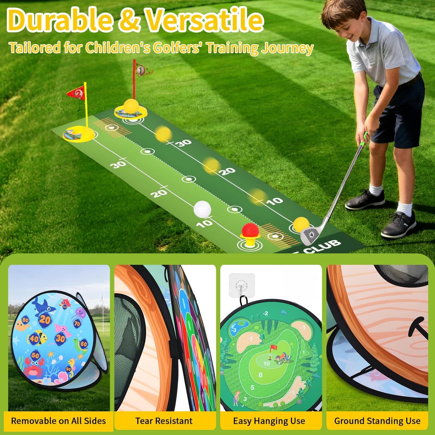 Kids Golf Set, AOSITE 5-in-1 Toddler Golf Set with 3 Golf Clubs, Putting Mat, 19 Balls, Dinosaur Sticky Darts & 8 Darts, 3-10 Kids Games Golf Toy, Mini Golf Indoor Outdoor Sports Activities Party Gift