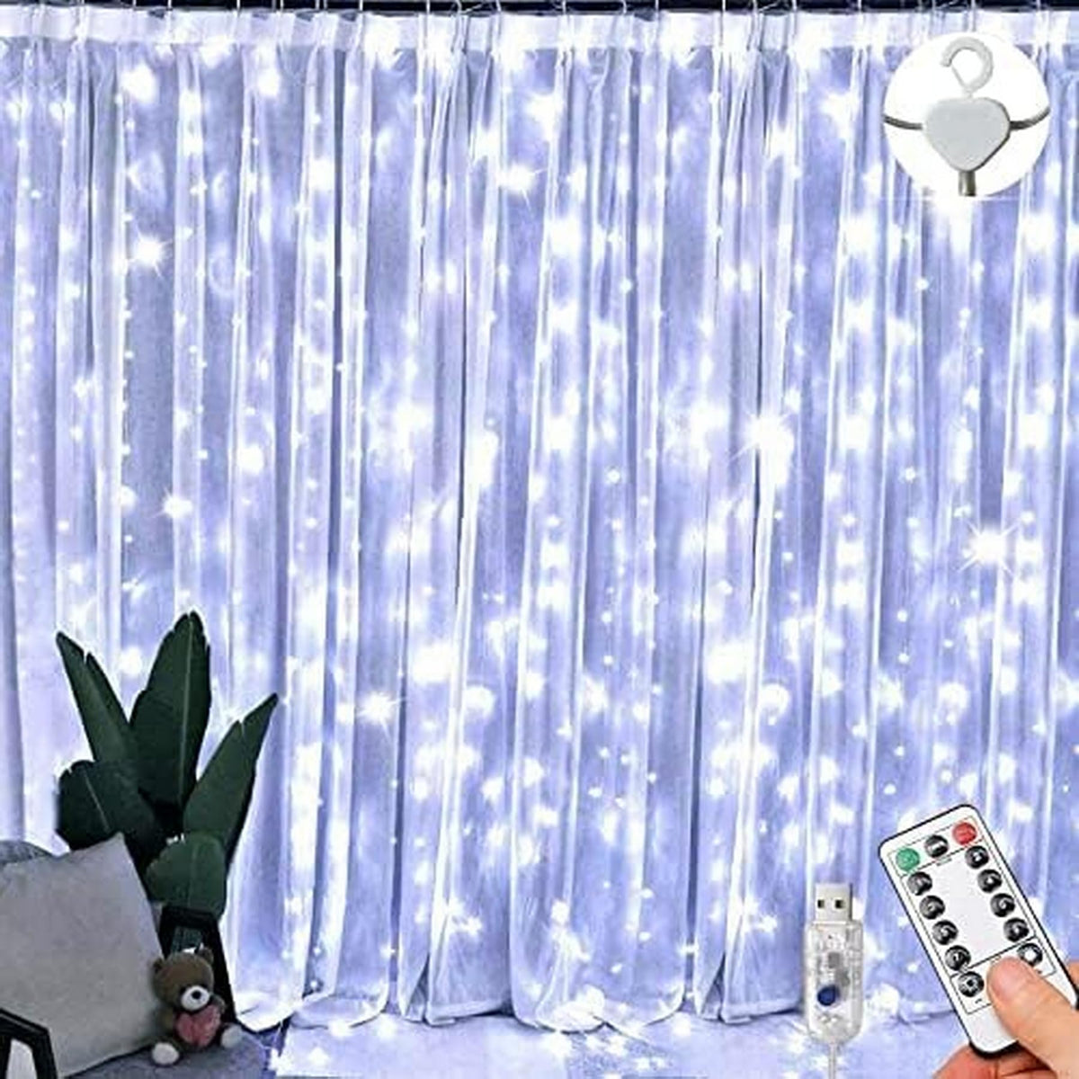 Lezonic Curtain Fairy Lights, 3m×3m 300LED Curtain String Lights Plug in